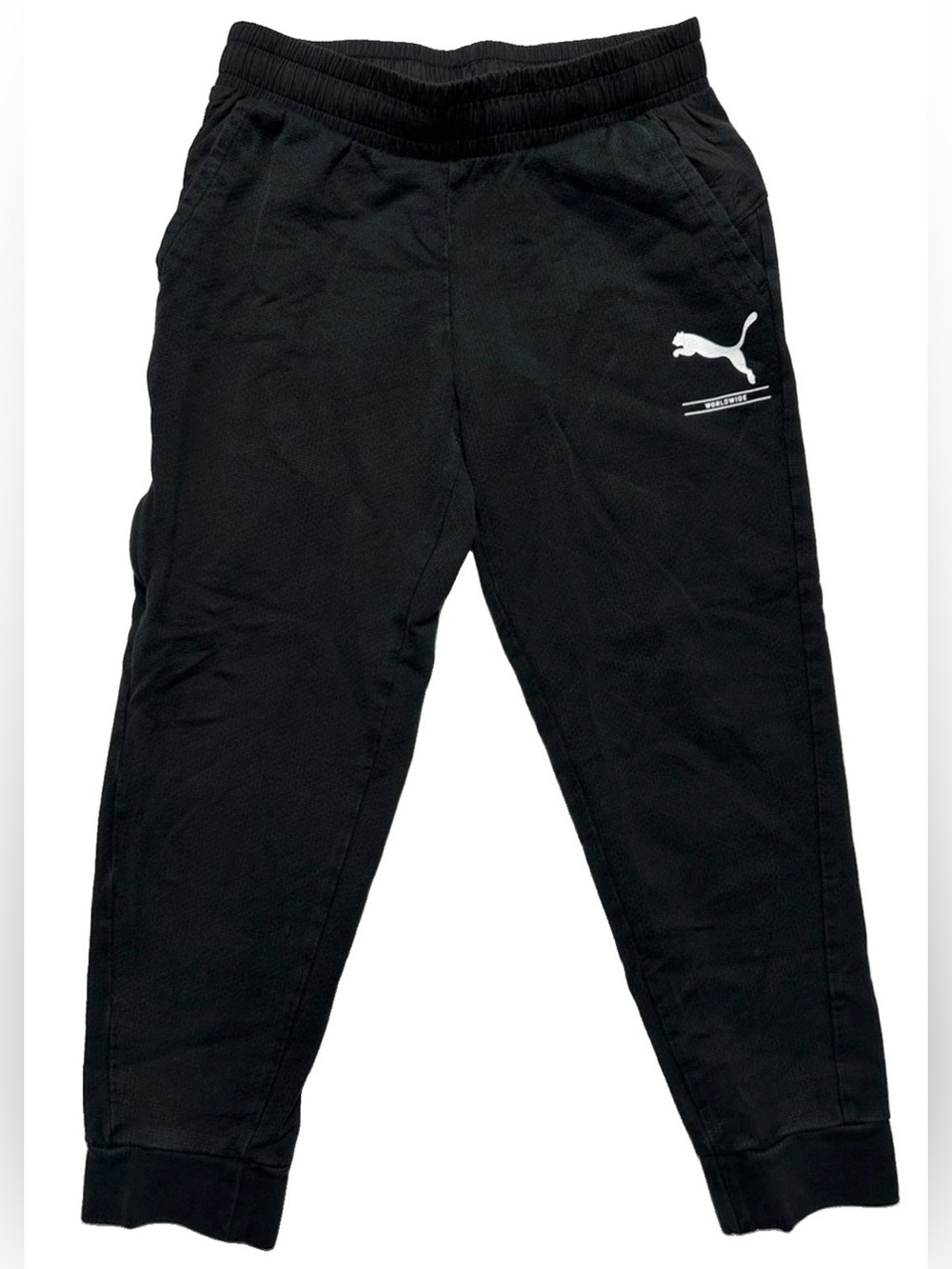 PUMA Worldwide Jogger Pants Women’s Small Black Logo Athletic 24” Inseam